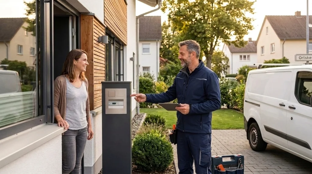Ein lächelnder Handwerker in blauem Arbeitsoutfit steht vor einem Einfamilienhaus und bespricht mit einer Kundin, die am geöffneten Fenster steht, Arbeitsdetails. Er zeigt auf ein Steuerungselement am Haus und hält ein Tablet in der Hand. Im Hintergrund ist ein weißer Transporter geparkt.
