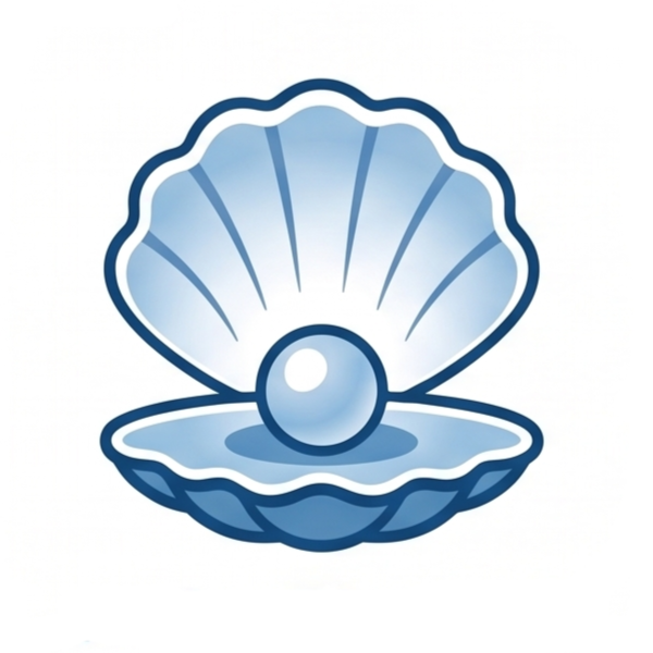 Grafisches Icon einer geöffnete Muschel in Blautönen auf weißem Hintergrund. In der Mitte der geöffneten Muschelschale liegt eine glänzende, runde Perle.