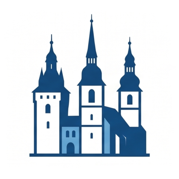 Grafisches Icon in Blautönen und Weiß auf weißem Hintergrund, das eine historische Stadtkulisse mit drei prominenten Kirchtürmen und Schlossspitzen im flachen Grafikstil darstellt.