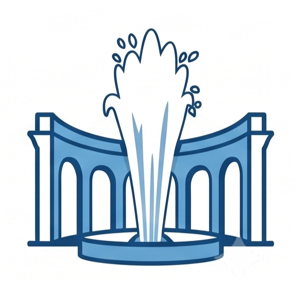 Grafisches Icon eines Sprudelbrunnens mit hoher Wasserfontäne vor einer im Halbkreis geschwungenen Kolonnade mit Rundbögen, gestaltet in Blautönen auf weißem Hintergrund.