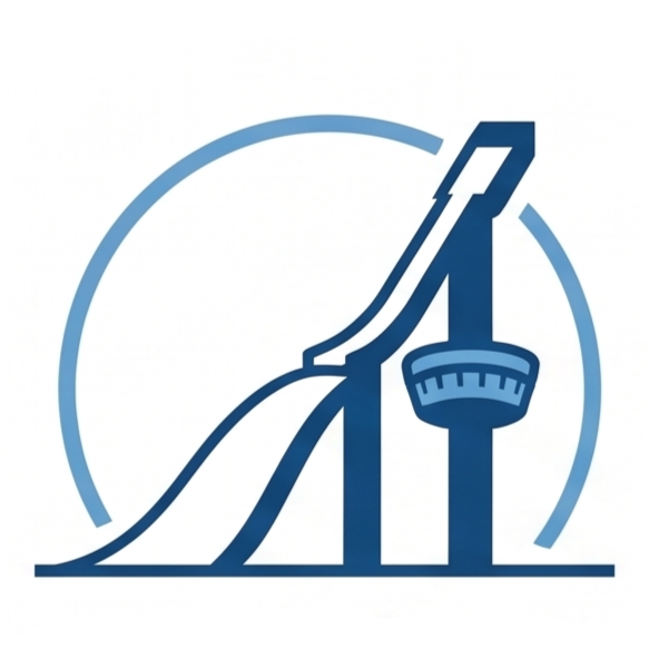 Ein grafisches Logo in zwei Blautönen auf weißem Hintergrund. Es zeigt eine stiliserte, nach oben führende Skisprungschanze, die von einem hellblauen Kreis umrahmt wird. Unter der Schanze ist ein kleiner Aussichtsturm zu sehen.