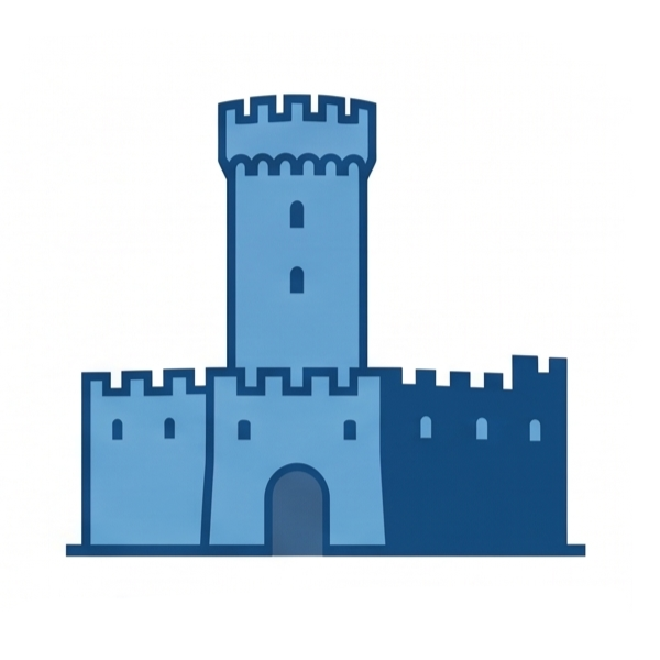 Grafisches Icon einer mittelalterlichen Burg in verschiedenen Blautönen auf weißem Hintergrund. Das Bild zeigt eine Festungsmauer mit Zinnen, einem Torbogen sowie einem hohen, zentralen Schlossturm mit Zinnenkranz.