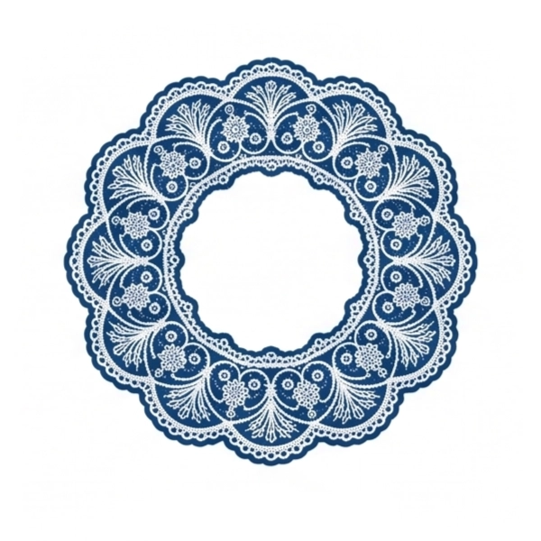 Ein runder, dunkelblauer Rahmen mit einer detailreichen, weißen Spitze. Das filigrane Muster zeigt florale Motive, Ranken und stilisierte Blüten, die sich zu einem kreisförmigen Emblem mit gewelltem Rand zusammensetzen. Der Hintergrund ist rein weiß.
