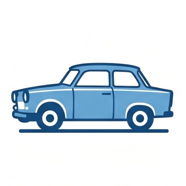 Grafisches Icon eines hellblauen Kleinwagens im Retro-Stil (Trabant 601) in Seitenansicht mit dunklen Konturen auf weißem Hintergrund.