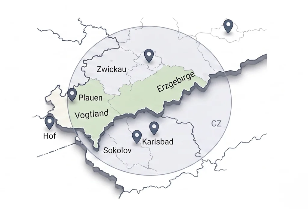 Karte des Einzugsgebiets von NICKEL Fensterbau: Vogtland, Erzgebirge, Zwickau, Hof und Sokolov/Karlsbad
