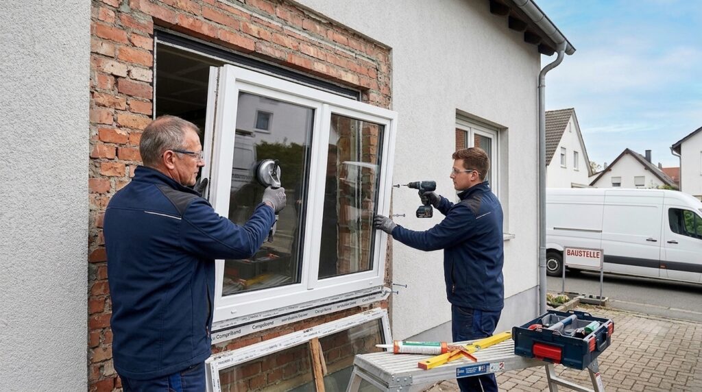 Zwei Mitarbeiter des Montageteams beim Einbau eines Kunststofffensters