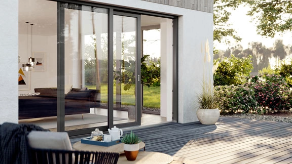 Barrierefreie REHAU Hebeschiebetür aus Kunststoff für Terrasse und Garten mit großer Glasfront