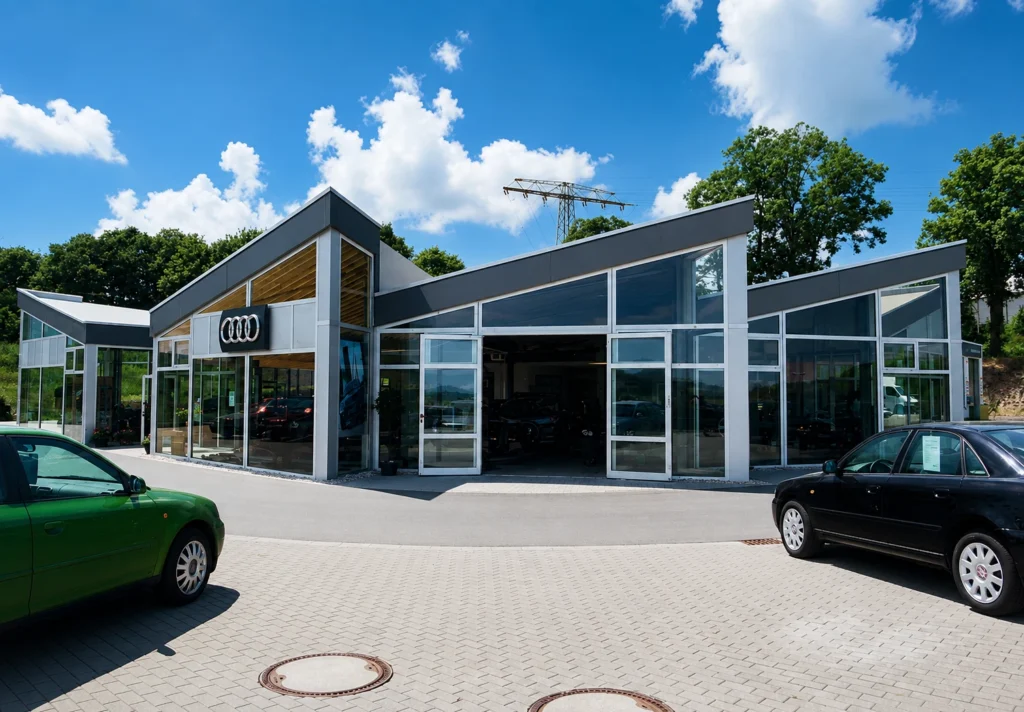 Modernes Autohaus in Rodewisch mit großflächiger Aluminium-Verglasung und transparenten Glastüren