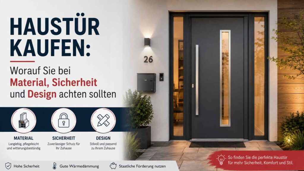 Infografik für den Beitrag: Moderne Haustür als Beispiel für Material, Sicherheit und Design beim Haustürkauf.