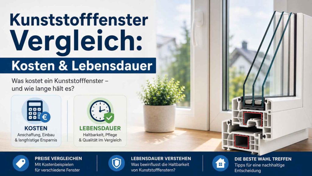 Kunststofffenster im Vergleich mit Darstellung von Kosten, Lebensdauer und Aufbau eines modernen Kunststofffensters mit Dreifachverglasung.