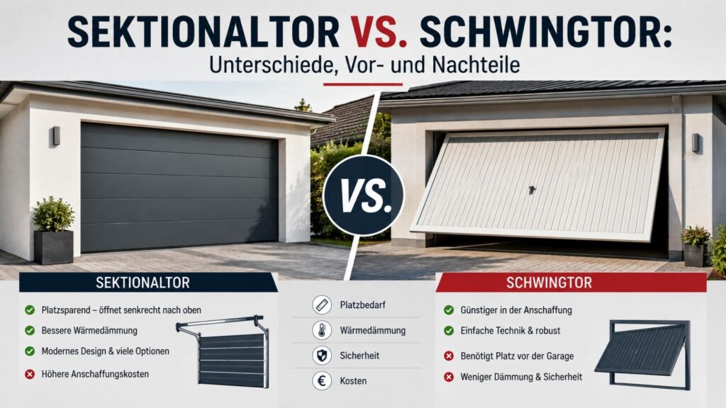 Sektionaltor vs. Schwingtor im Vergleich – Unterschiede, Vorteile und Nachteile bei Platzbedarf, Wärmedämmung, Sicherheit und Kosten.