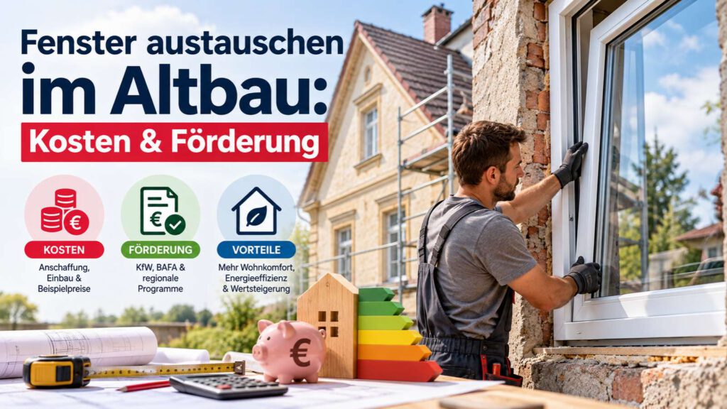 Handwerker tauscht ein Fenster an einem Altbau aus, mit Symbolen für Kosten, Förderung und Energieeffizienz.
