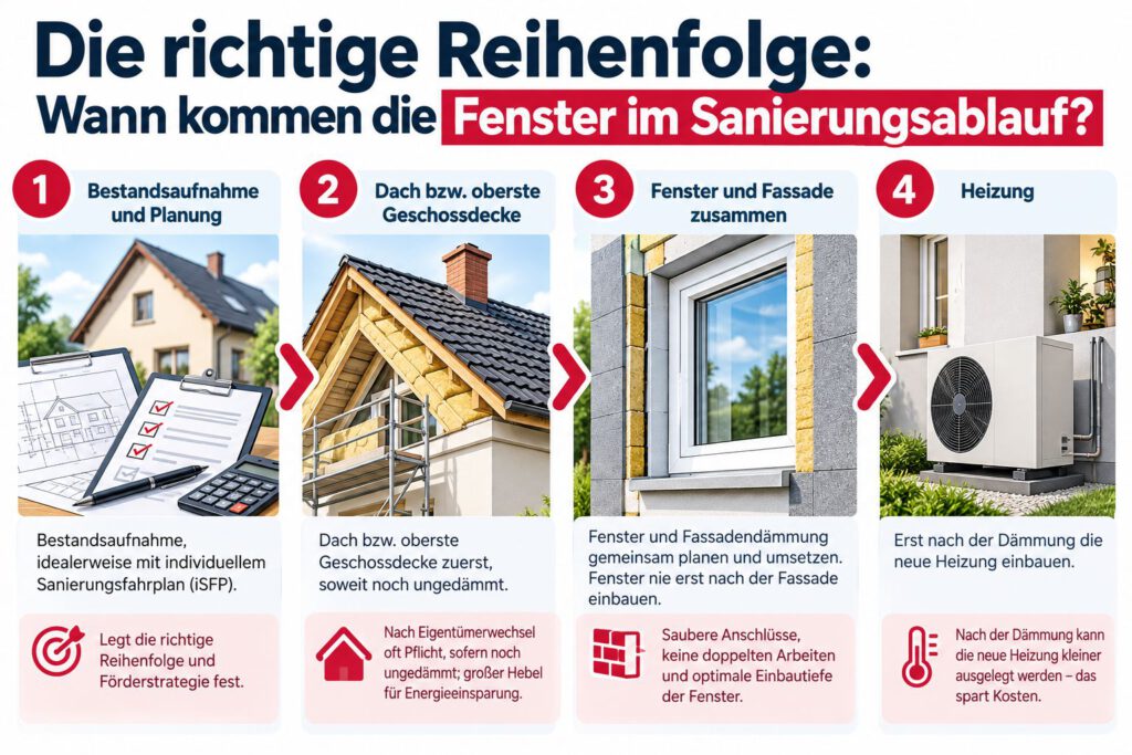Infografik zur richtigen Reihenfolge einer Altbausanierung: Bestandsaufnahme, Dachdämmung, Fenster und Fassade sowie anschließend die Heizung.